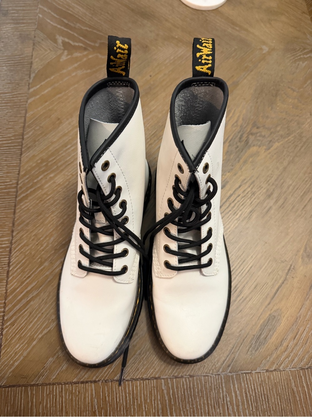 Dr. Martens White Leather Lace-Up Combat Boots with Black Accents